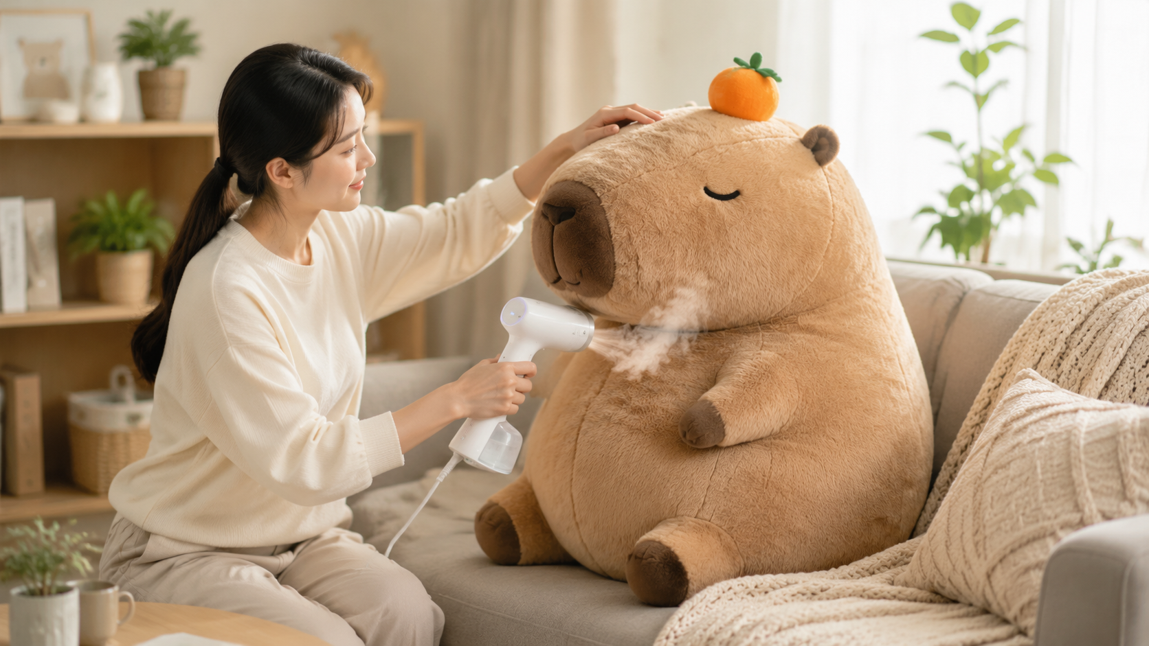 Person using a garment steamer to safely disinfect a giant capybara stuffed animal on a sofa