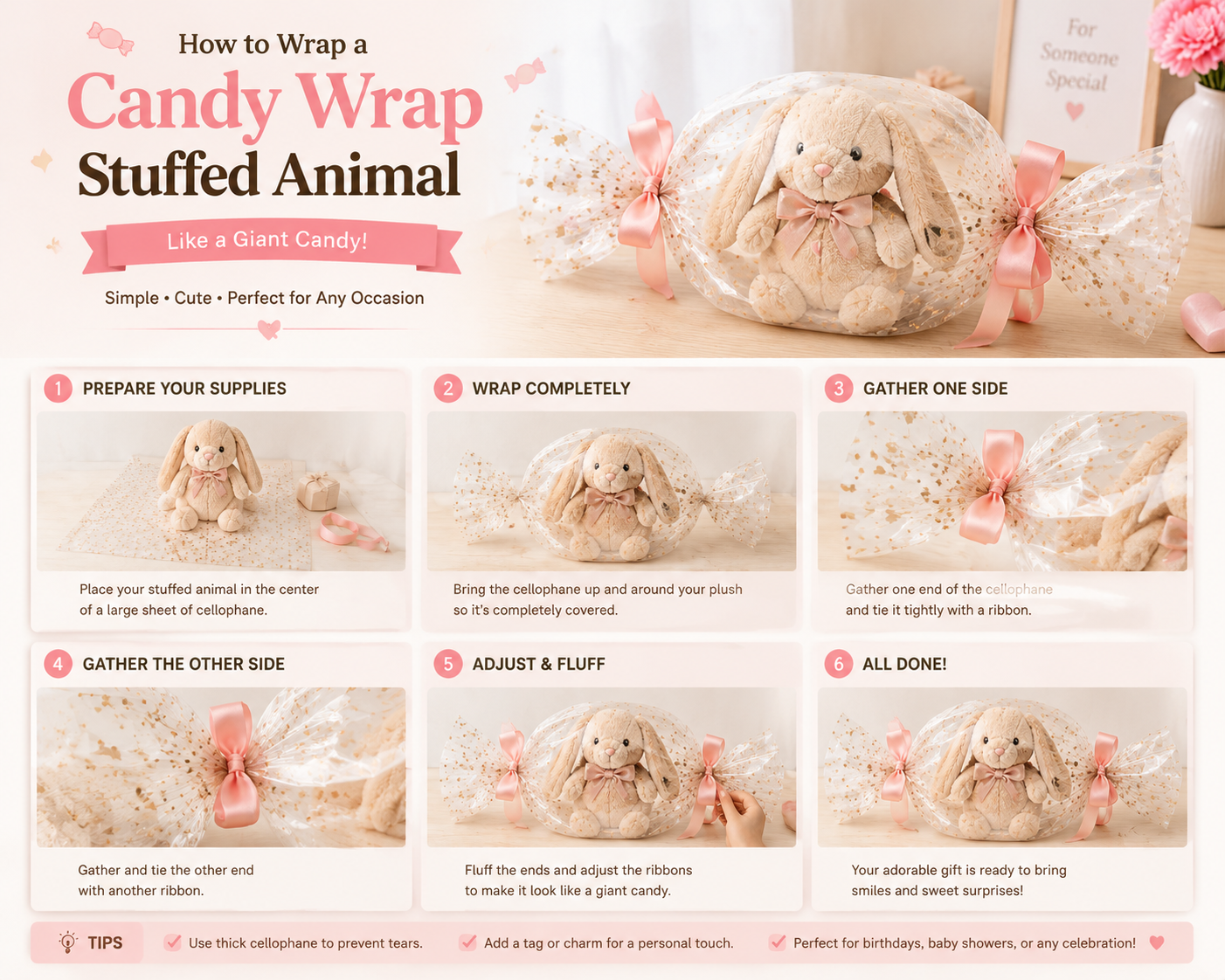 How to wrap stuffed animals with cellophane and ribbon using a candy wrap technique, a cute and easy plush toy gift wrapping idea for birthdays and special occasions.