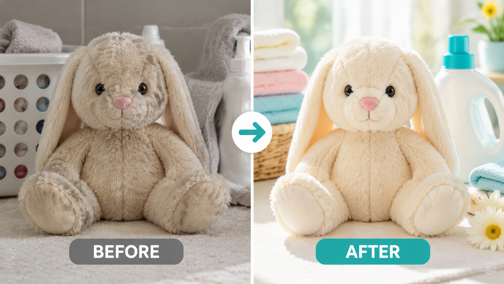 Before and after showing how to clean and disinfect a stuffed animal safely without damaging the plush toy