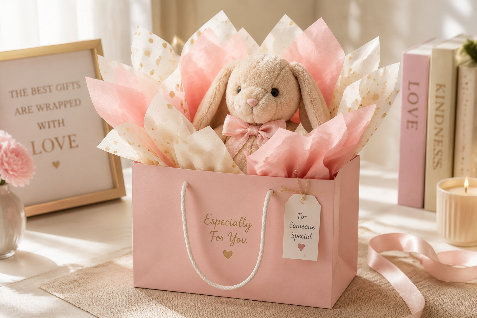 Aesthetic gift bag styling for stuffed animals with layered tissue paper, featuring a plush bunny beautifully arranged for a cute and elegant gift presentation.