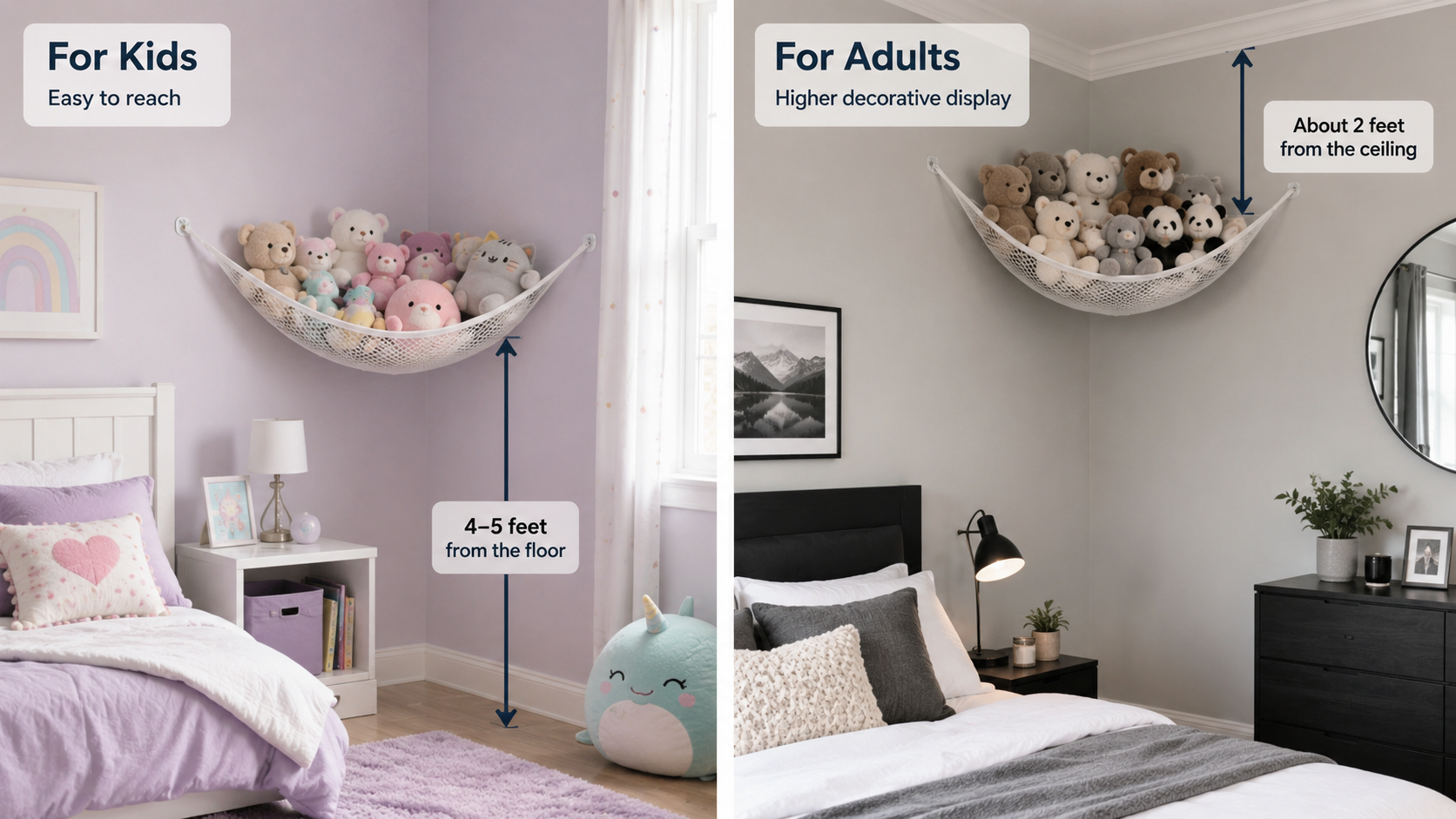 Realistic height guide showing a stuffed animal hammock installed 4–5 feet from the floor for kids and about 2 feet from the ceiling for adults.