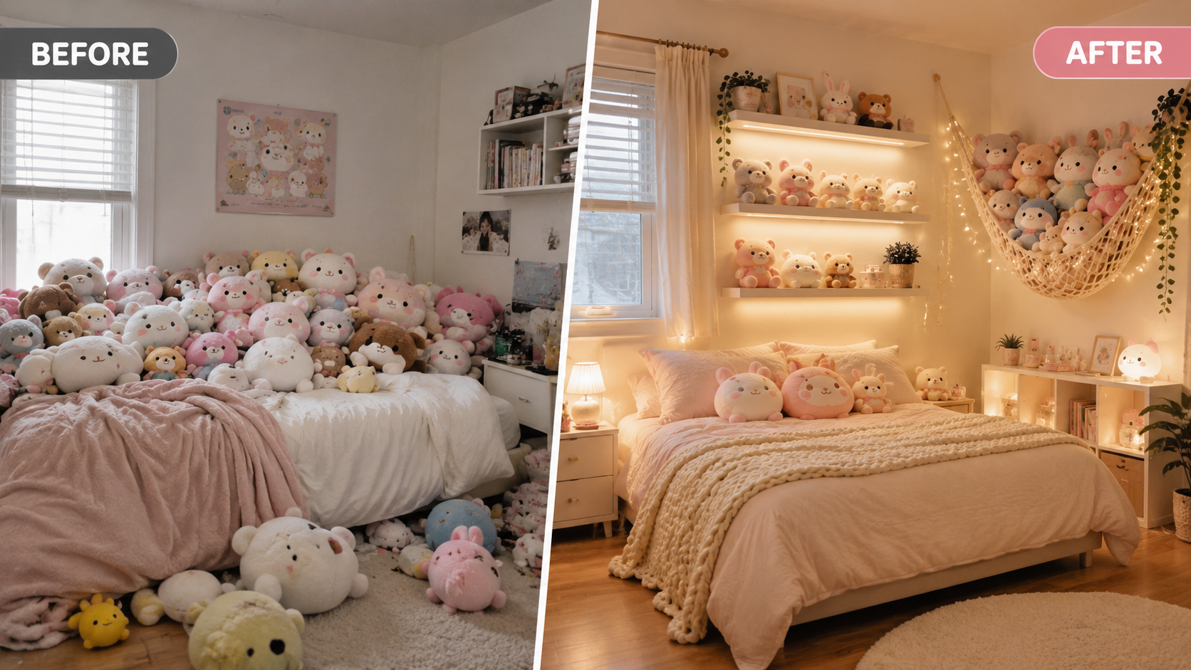 Before and after bedroom transformation showing stuffed animals changed from cluttered piles into an organized kawaii display with floating shelves and a corner hammock.