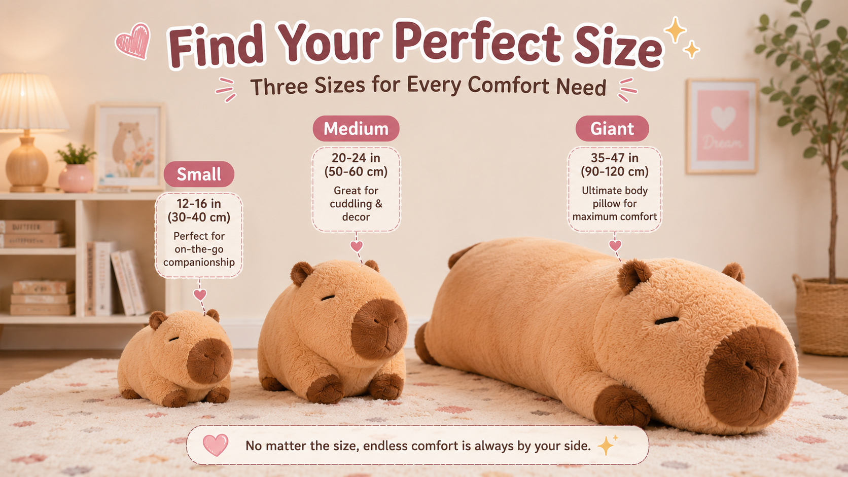 Stuffed animal size comparison showing small, medium, and giant capybara plush toys arranged side by side on a cozy rug