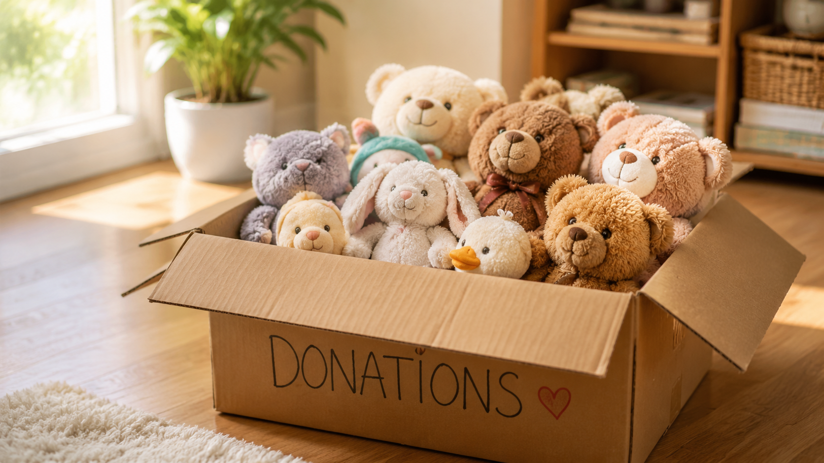 A cardboard box filled with clean stuffed animals and teddy bears ready for charity donation in a cozy sunny room.