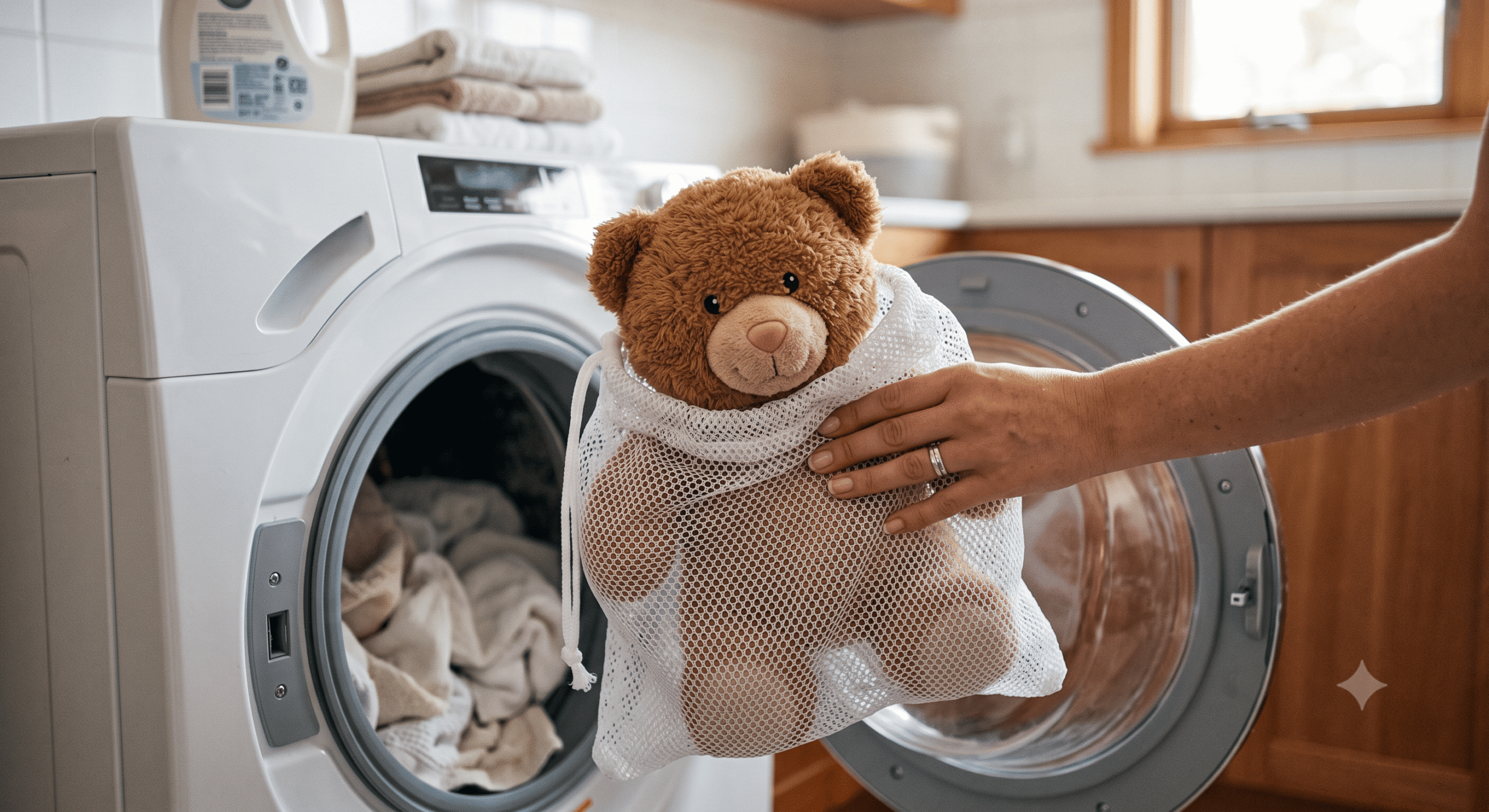 A close-up photograph of a person's hand holding a brown teddy bear secured within a white mesh laundry bag, positioning it at the open door of a front-loading washing machine in a well-lit laundry room. The bagged bear is just inside the drum entry.
