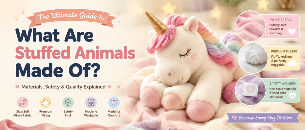 A cozy plush unicorn banner showing what stuffed animals are made of, featuring soft Minky fabric, premium PP cotton filling, and safe plush toy materials.