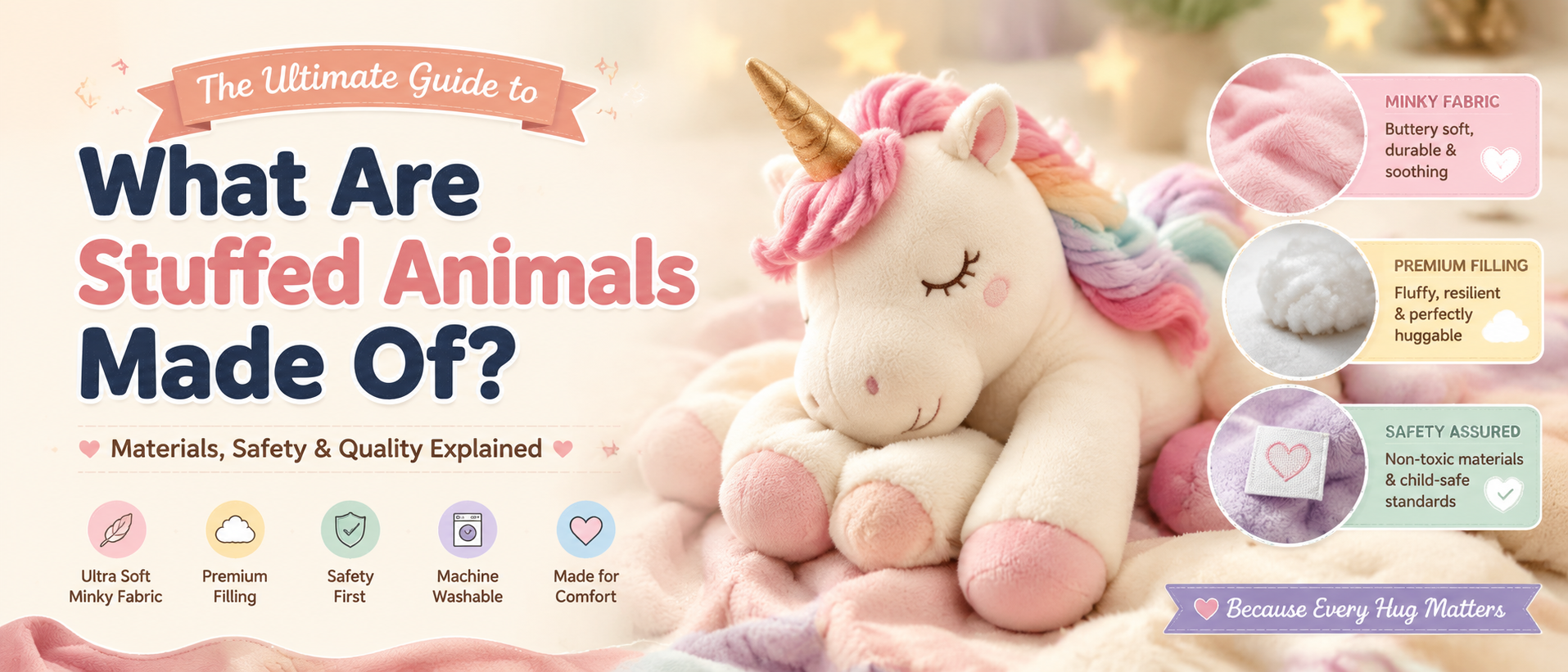 A cozy plush unicorn banner showing what stuffed animals are made of, featuring soft Minky fabric, premium PP cotton filling, and safe plush toy materials.