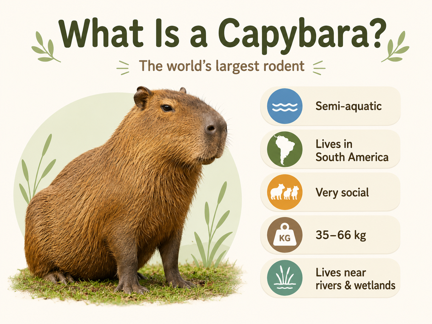Capybara infographic showing the world’s largest rodent, its semi-aquatic lifestyle, South American habitat, social behavior, and average weight.