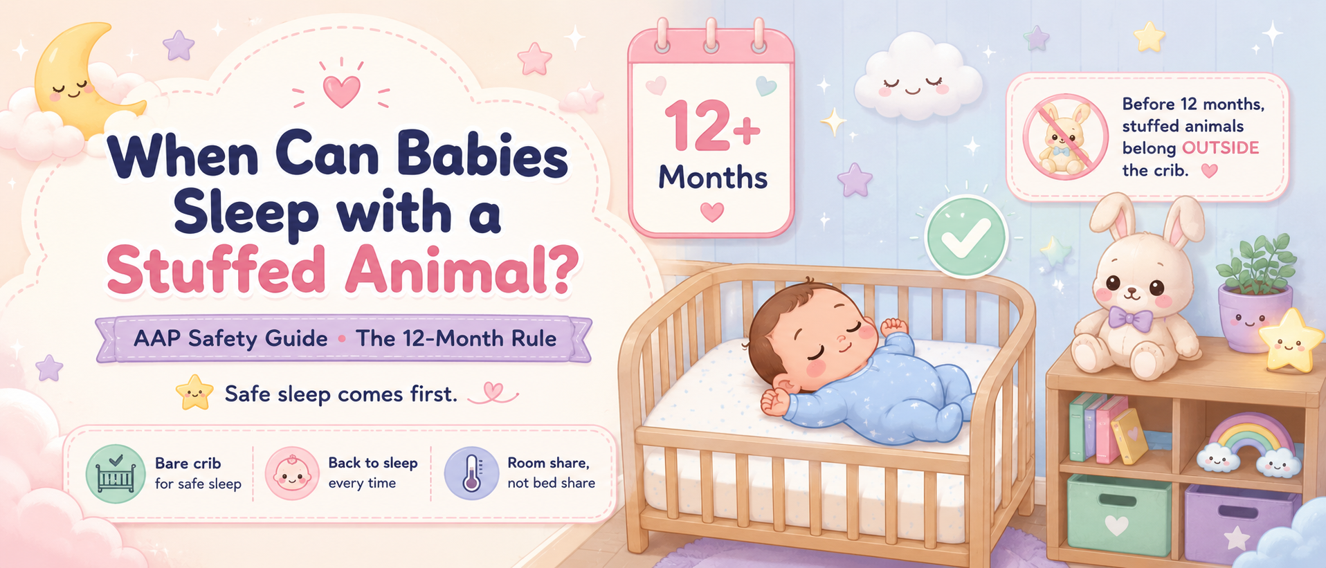 Kawaii-style blog banner showing a sleeping baby in a safe bare crib with a stuffed bunny placed outside the crib, highlighting the 12-month rule for baby sleep safety.