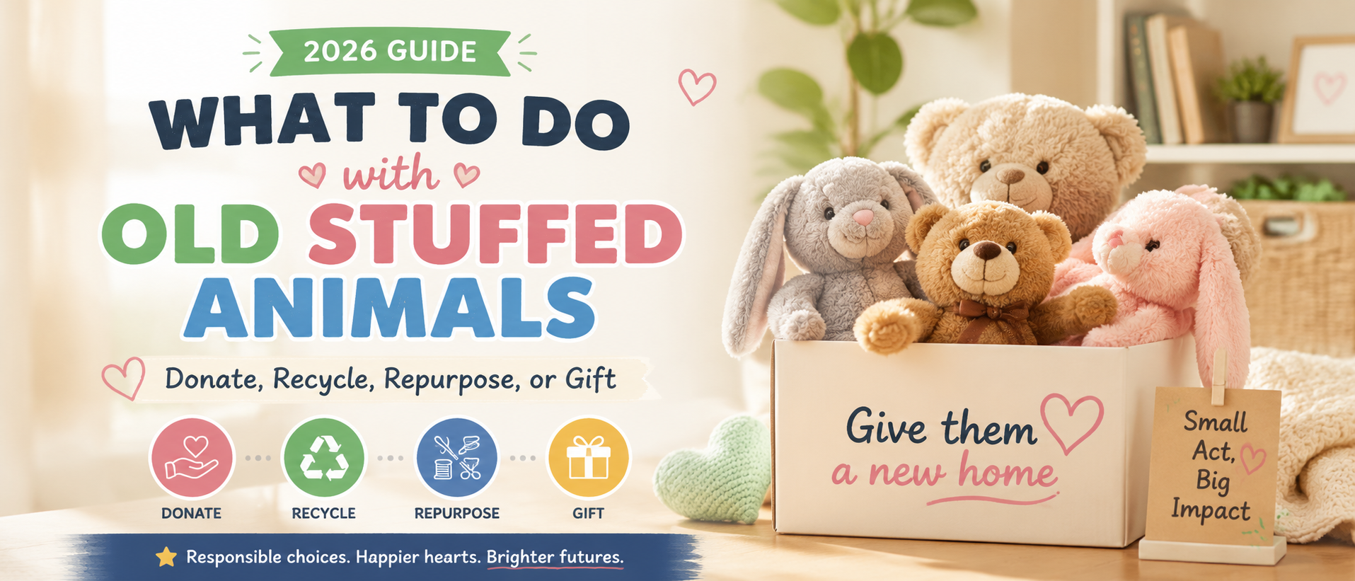 2026 guide showing what to do with old stuffed animals, including donation, recycling, repurposing, and gifting options for giving plush toys a new home.
