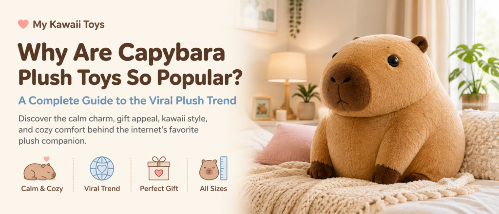 Blog banner for Why Are Capybara Plush Toys So Popular, featuring a giant capybara plush in a cozy bedroom with icons for comfort, viral popularity, gifting, and size options.