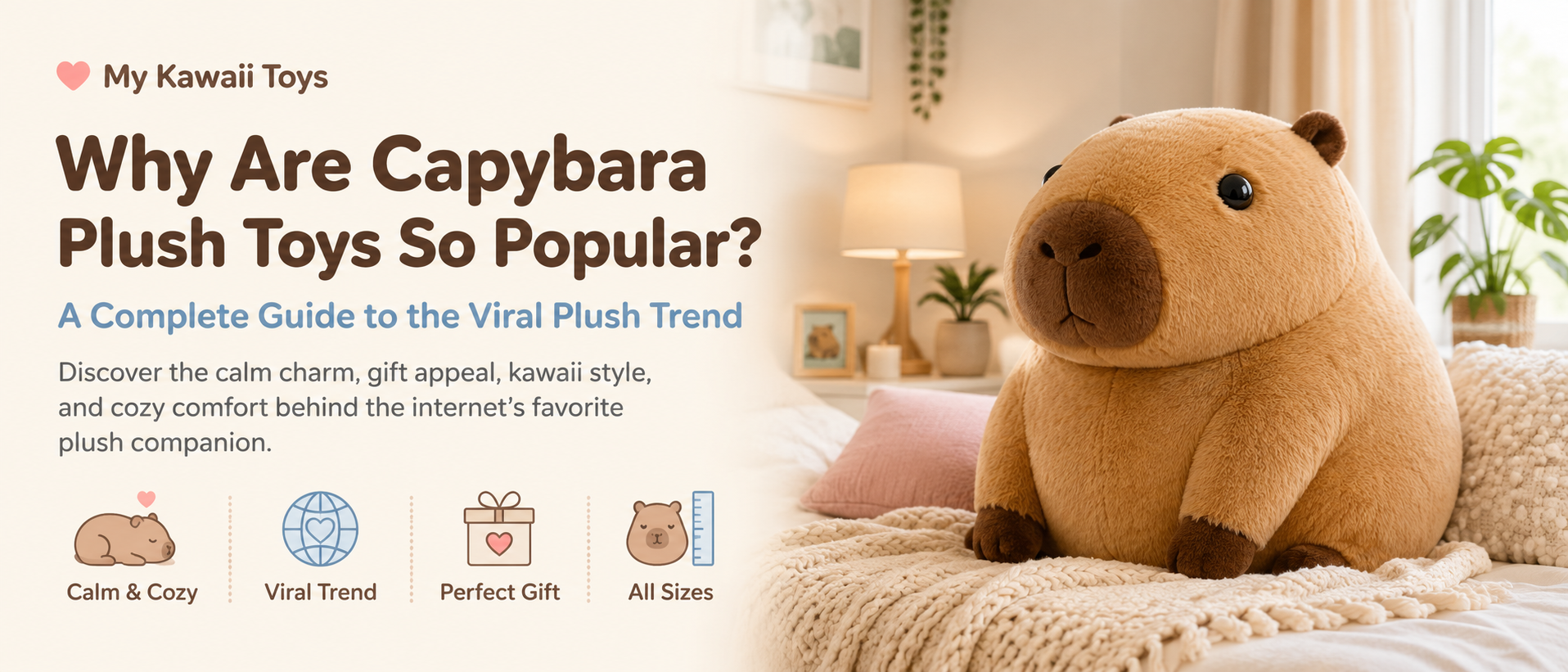 Blog banner for Why Are Capybara Plush Toys So Popular, featuring a giant capybara plush in a cozy bedroom with icons for comfort, viral popularity, gifting, and size options.