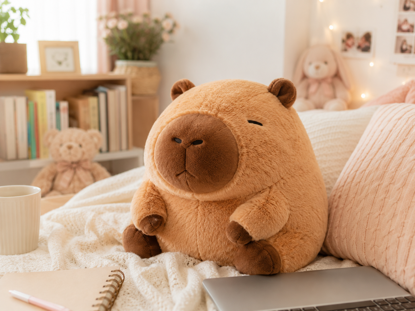 Cute capybara plush toy in a cozy study nook with a laptop, notebook, soft blankets, and pastel room decor.