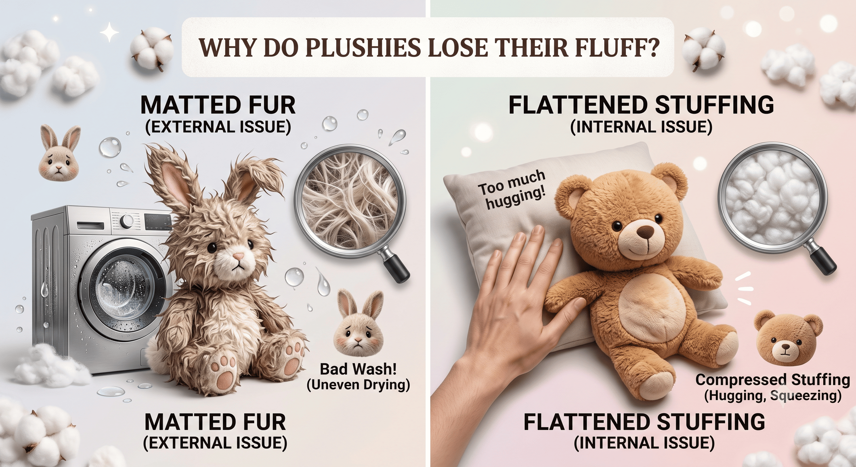 Comparison showing why stuffed animals lose fluff: matted outer fur from incorrect washing versus flattened internal stuffing from excessive squeezing and hugging.