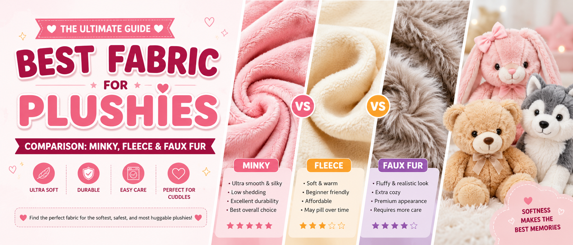 Best fabric for plushies comparison featuring Minky, fleece, and faux fur with soft fabric textures and cute stuffed animals.