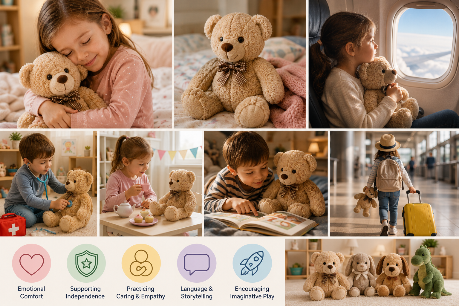 Children bonding with a favorite stuffed animal through comfort, caring and imaginative play
