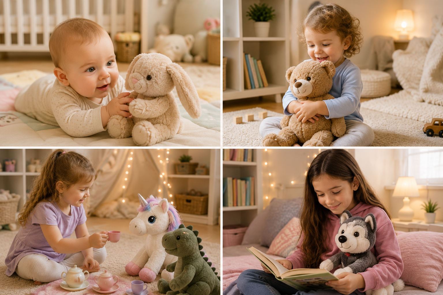 Children of different ages playing with age-appropriate stuffed animals