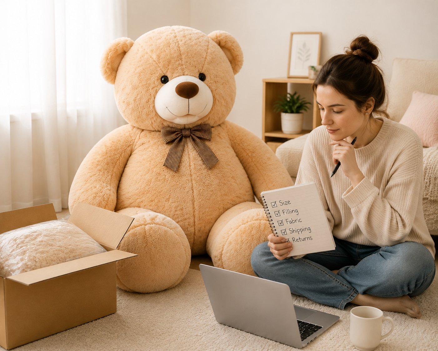 Shopper checking size, filling, fabric, shipping and returns before buying a giant stuffed animal