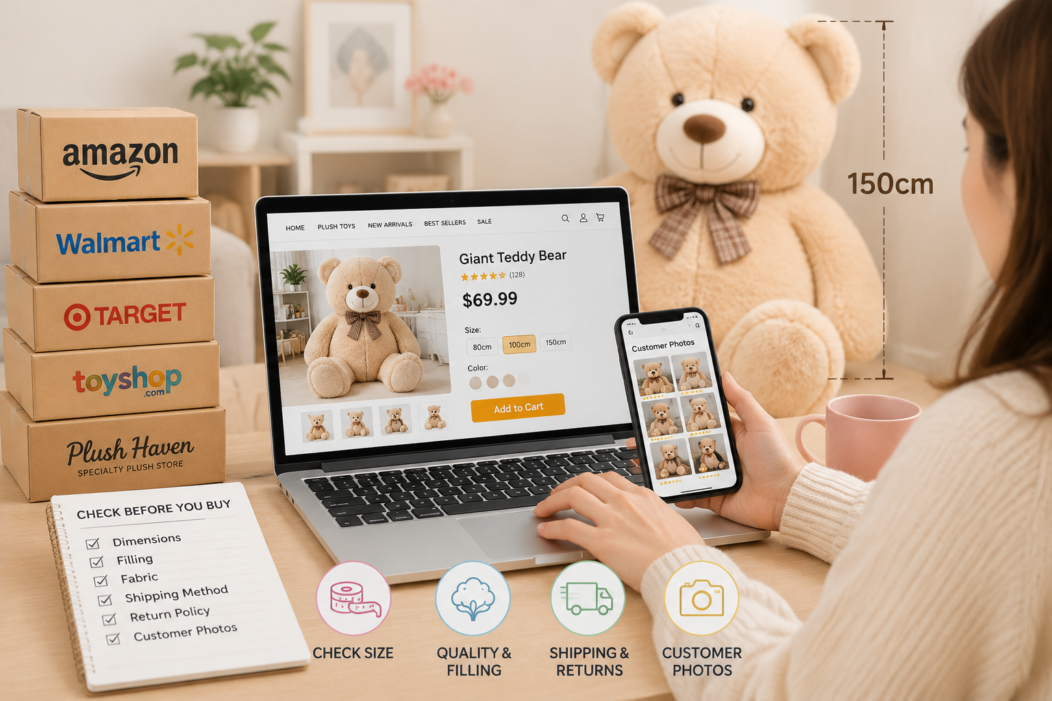 Shopping online for a giant stuffed animal while comparing size, filling, fabric, shipping, returns, and customer photos
