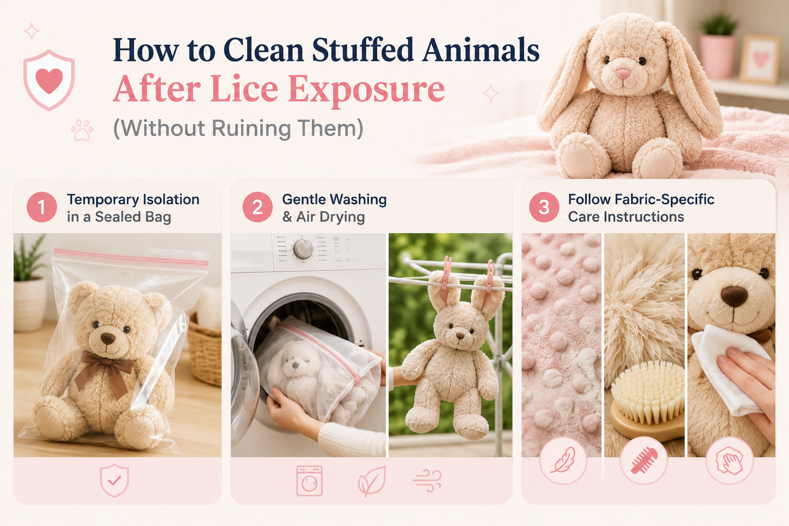 How to clean stuffed animals after lice exposure using sealed bag isolation, gentle washing, air drying, and fabric-safe care