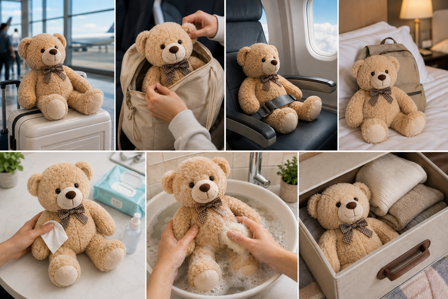 Stuffed animal being packed, cleaned and cared for during and after air travel