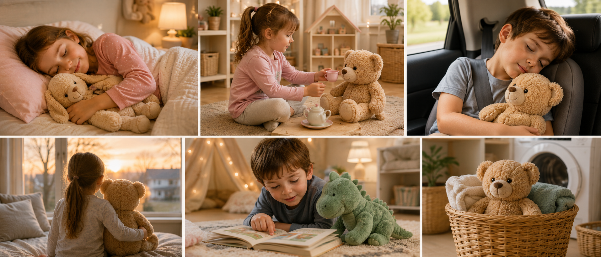 Children enjoying stuffed animals during bedtime, playtime and everyday routines