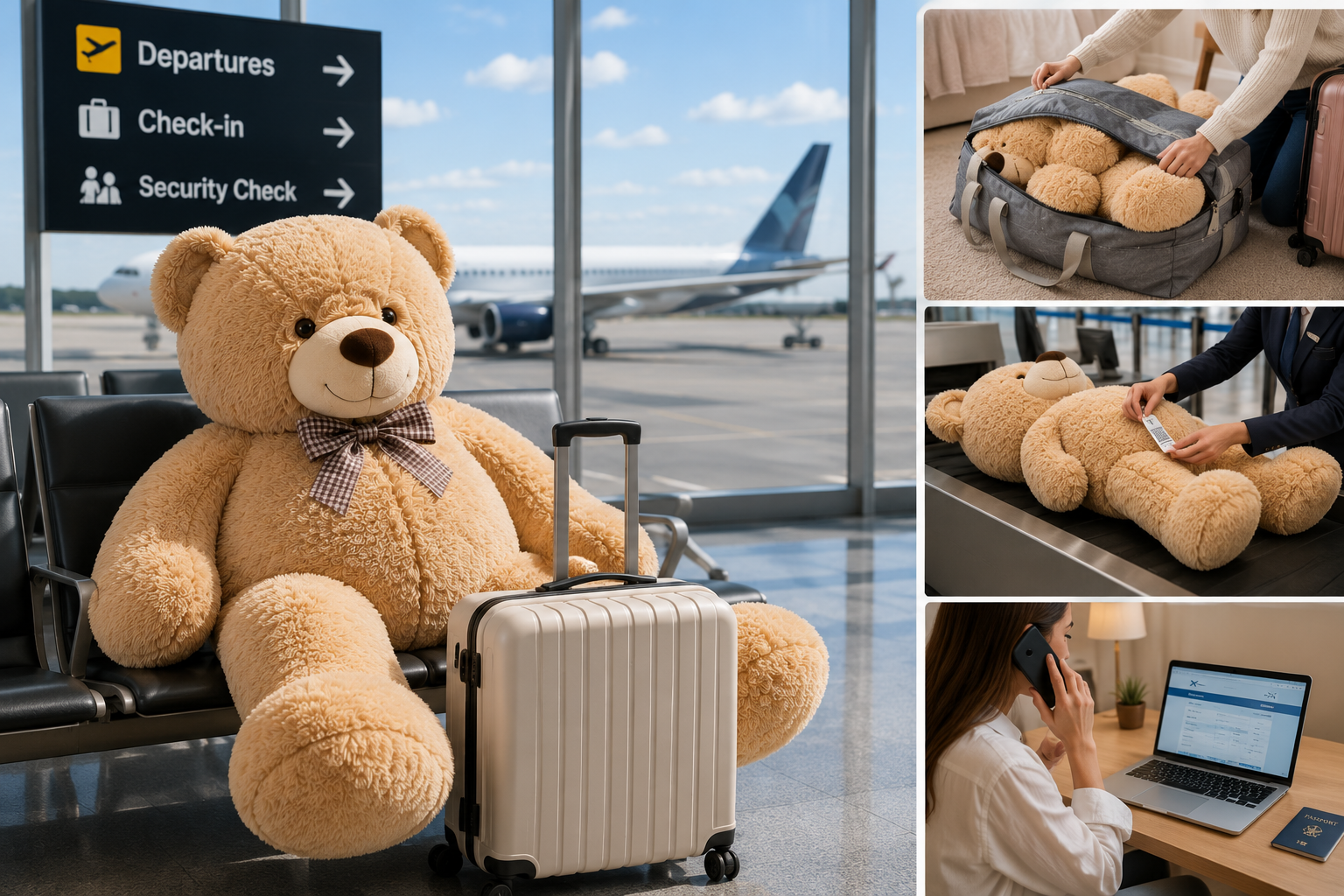 Giant stuffed animal at the airport with luggage for air travel