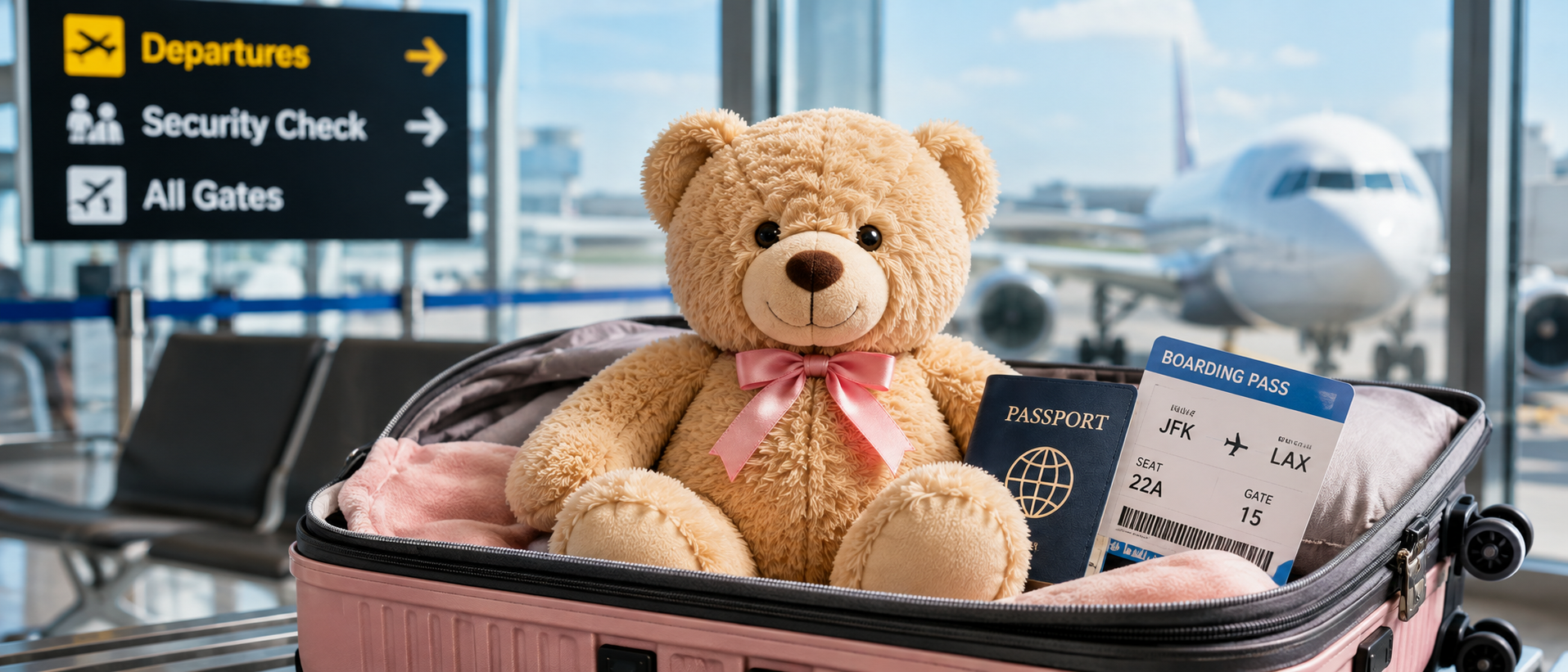 Stuffed animal packed in a carry-on suitcase at the airport for air travel