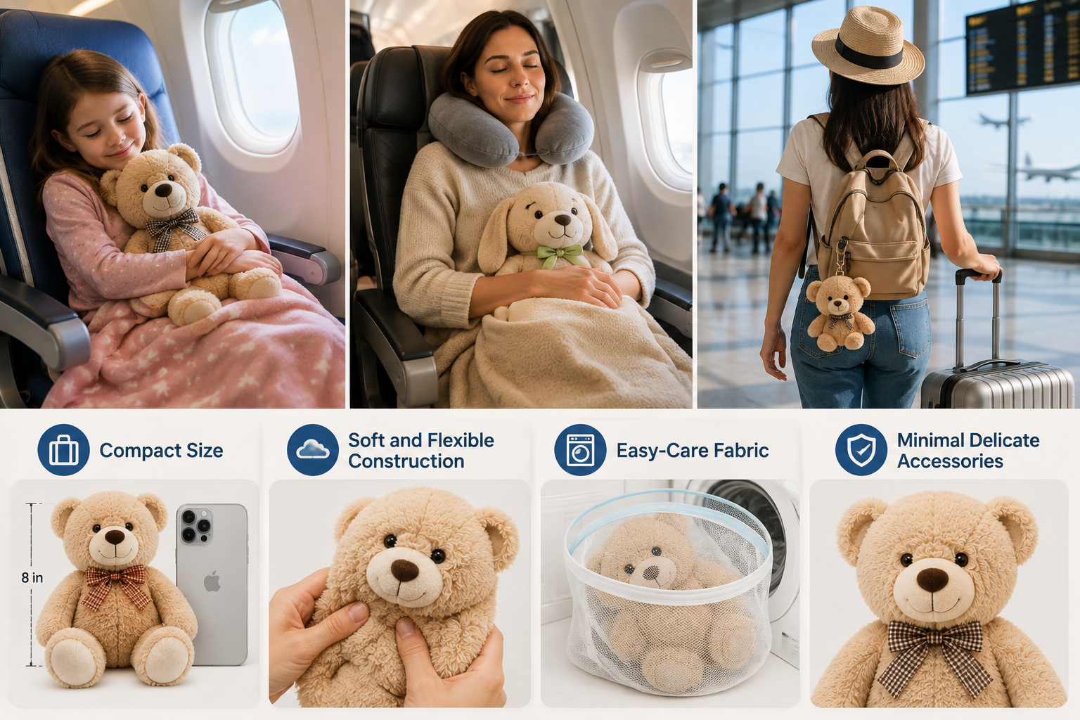 Children and adults traveling with soft stuffed animals on a flight