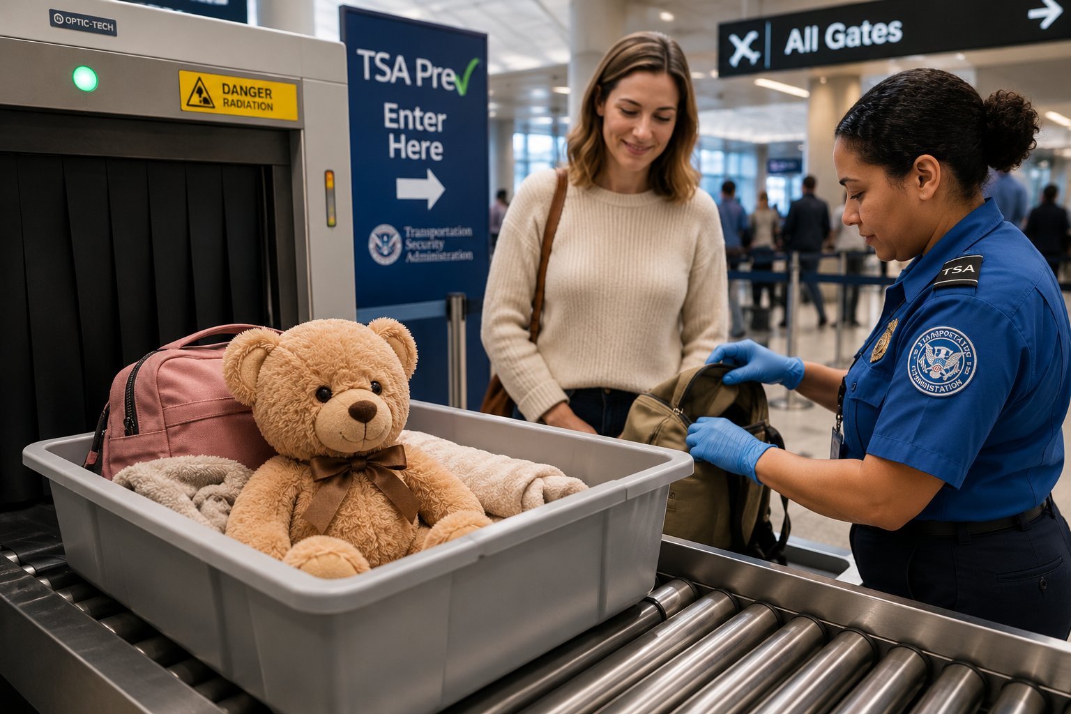 Stuffed animal going through TSA airport security screening in a carry-on tray